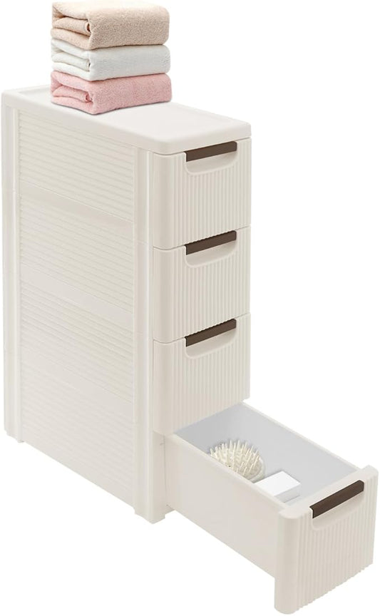 Narrow Plastic Storage Cart with 4 Drawers, Slim Rolling Organizer Dresser on Wheels, Mobile Utility Cart for Bathroom, Kitchen, Laundry Room, Bedroom & Office (4-Tier)