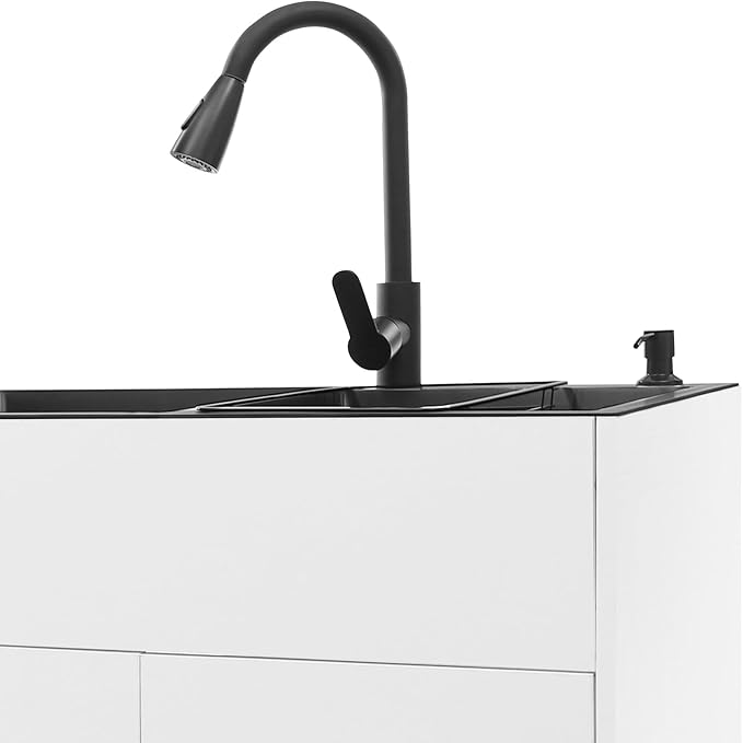 Laundry Sink with Cabinet, Utility Room Stainless Steel Sink with Pull-Out Faucet Dual Bowls, Freestanding Kitchen Bathroom Laundry Tub with Cabinet 31.89x16.93x30.71in(White)