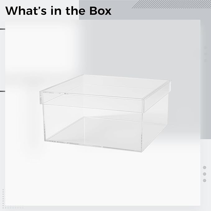 Acrylic Box Storage Organizer with Lid, Clear Cube for Display, 8.1 X 8.1 X 3.9 in / 20.5 X 20.5 X 10 Cm, Dustproof Stackable Container for, Jewelry, Makeup