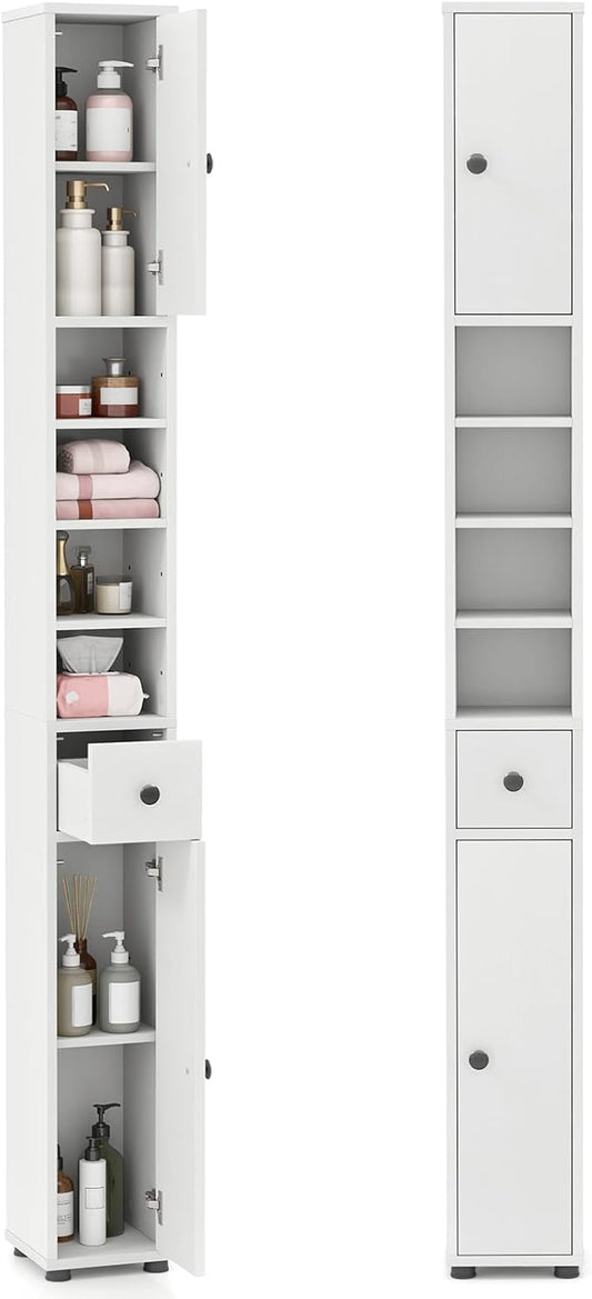 LDAILY 71”Tall Narrow Storage Cabinet, Skinny Bathroom Storage with 1 Drawer, 2 Doors, 5 Adjustable Shelves and Anti-Tipping Device, Wooden Slim Bathroom Cabinet for Office, Kitchen, Small Space