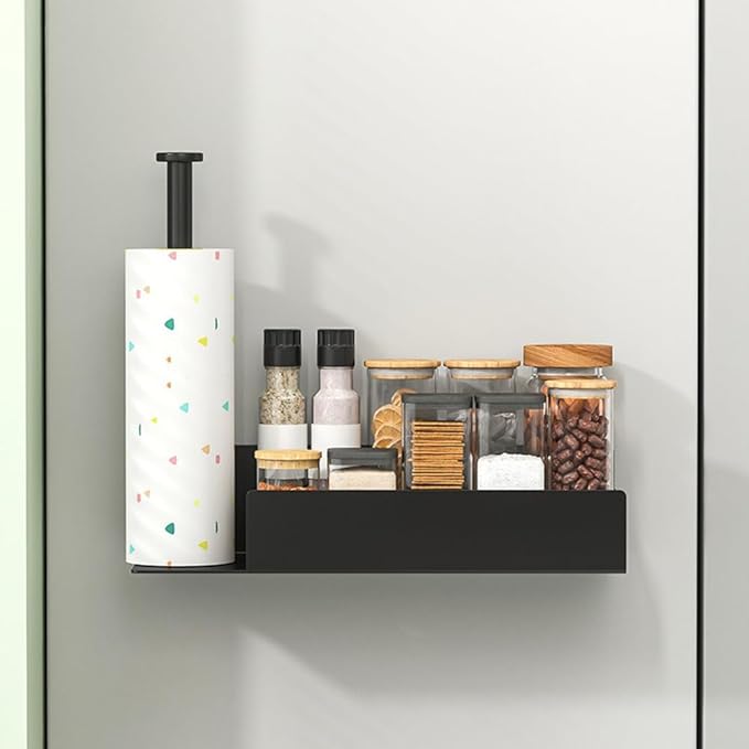 Magnetic Spice Rack with Paper Towel Holder, Kitchen Organizer with Shelf for Fridge, Black Spice Shelf Easy to Install The Side of The Refrigerator, Black Spice Shelf