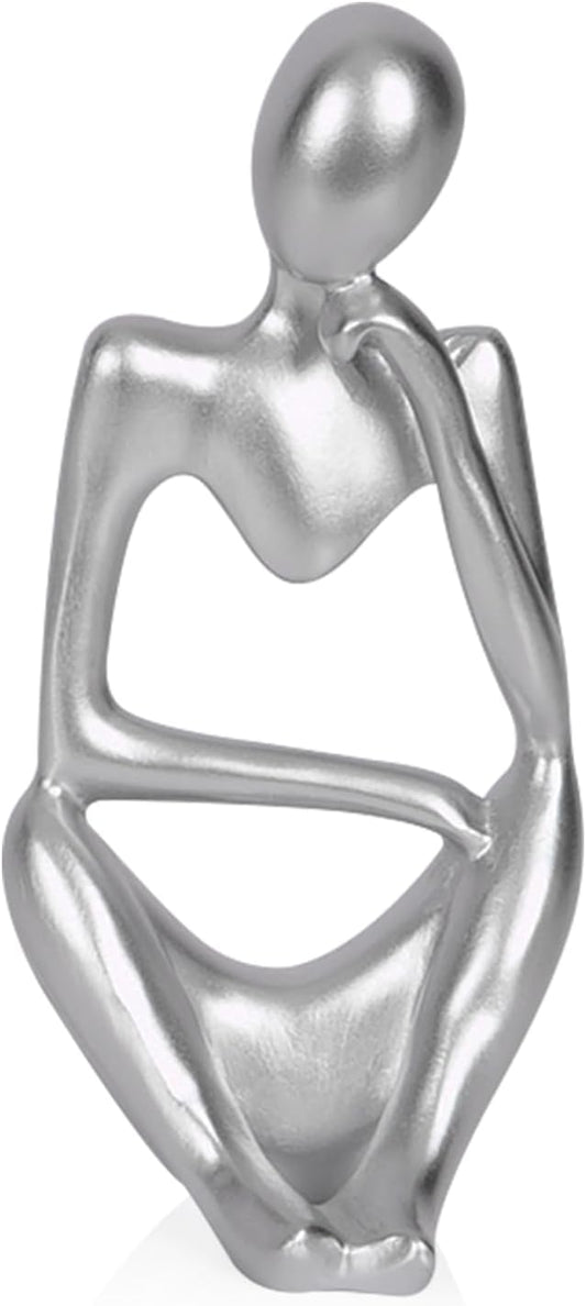 Sandstone Resin Thinker Style Abstract Sculpture Statue Collectible Figurines Home Office Bookshelf Desktop Decor (Small Silver, Right)