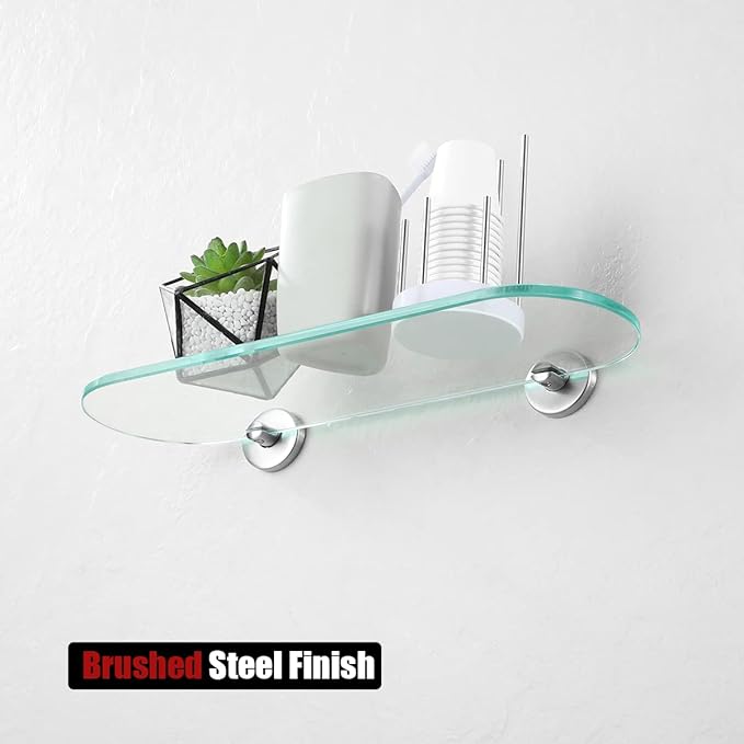 JQK Bathroom Glass Shelf Brushed Steel, Tempered Glass Shower Storage 16 by 5 inches, 304 Stainless Steel Brushed Wall Mount 2 Pack, TGS121L16-BN-P2