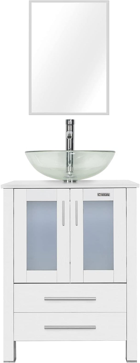 eclife 24" Modern Bathroom Vanity Sink Combo Freestanding Cabinet with Soft Closing Door, Clear Round Glass Vessel Sink, Water Save Faucet, Drain (White+A16)