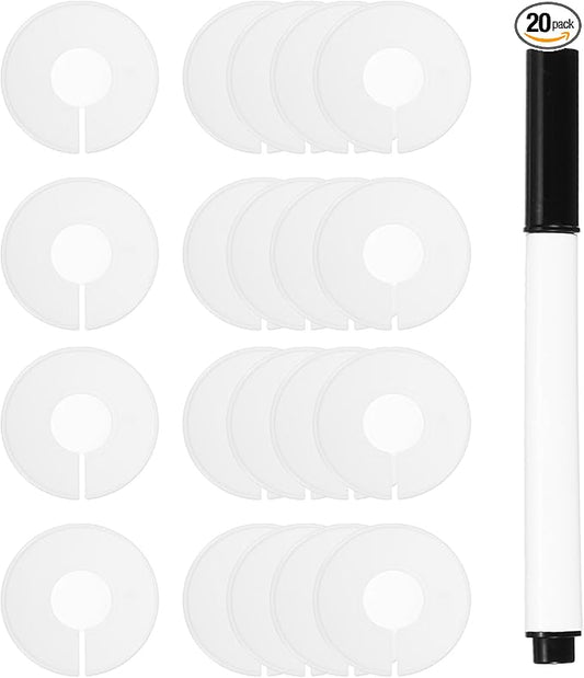 uxcell Clothes Dividers,20 Pack Round Closet Rack Dividers Clothing Rack Size Dividers Blank Labels with Marker Pen Writable & Reusable for Hanging Clothes Sorting Size, White