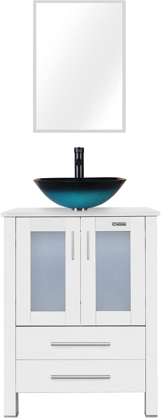 eclife 24" Modern Bathroom Vanity Sink Combo Freestanding Cabinet with Soft Closing Door, Turquoise Square Glass Vessel Sink, Water Save Faucet, Drain (White+A10)