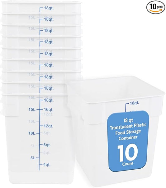 Restaurantware Food Storage Container 10 Pack of 18 qt Plastic Kitchen Storage Bin with Volume Markers Space-Efficient Design Dishwasher-Safe Polypropylene Translucent