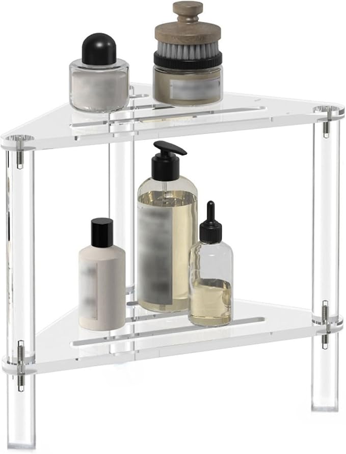 2 Tier Acrylic Corner Shower Caddy, Floor Standing Organizer with Easy Installation, Stylish and Versatile, Transparent Acrylic Material, Suitable for Humid Environment