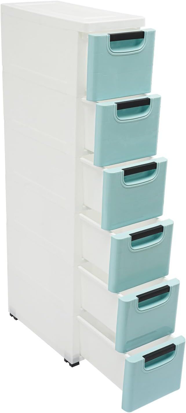 6 Drawers Plastic Storage Cabinet, Mobile Slim Utility Cart on Wheels, for Narrow Space Office Classroom Bedroom Bathroom (Blue)