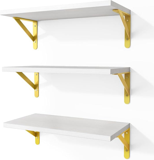 Fixwal Floating Shelves for Wall, Wood Wall Mounted Shelves for Bedroom, Bathroom, Living Room, Kitchen Storage and Decor(White, Set of 3, 16.5 Inch)