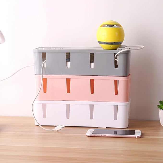 Cabilock Cable Organizer Cord Box for Power Strip and Charger Storage White Plastic Cable Management Box with Childproof Cover Large 11X4 Inch for Home Office Use