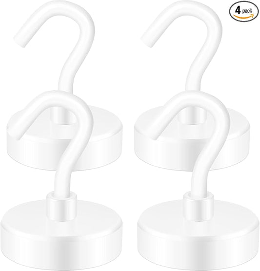 Neosmuk Magnetic Hooks Heavy Duty,Strong Magnet with Hook for Fridge, Super Neodymium Extra Strength Industrial Hooks for Hanging, Magnetic Hanger for Toolbox, Cruise, Grill(White,4 Pack)