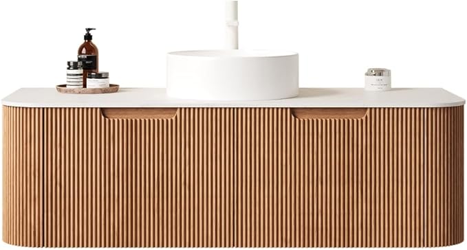 KEIKI 48" Bathroom Vanity with Sink, Wall-Mounted Floating Vanity with Curved Edges & 3D Striped Drawer Fronts, White Round Ceramic Basin, Pre-Assembled Storage Cabinet, Natural Wood