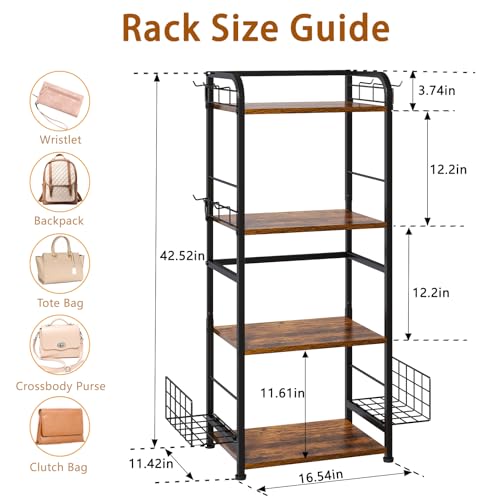 koozuuyk 4-Tier Purse Organizer for Closet with 3 Side Hooks and 2 Baskets, High Capacity Purse Rack Stand for Purse Storage, Metal & Wood Handbag Holder for Handbag Organizer, Pat - Image 4