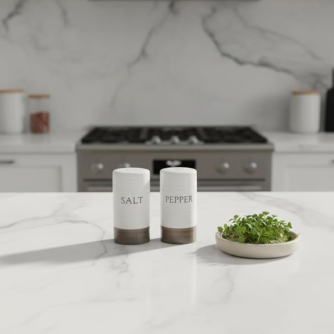 Young's Inc. Farmhouse Ceramic Salt and Pepper Shaker Set - Cute Kitchen Table Accessories and Decor, Small 3-Inch Modern White Rustic Dining Table Decor for Everyday Dining and Gift Giving