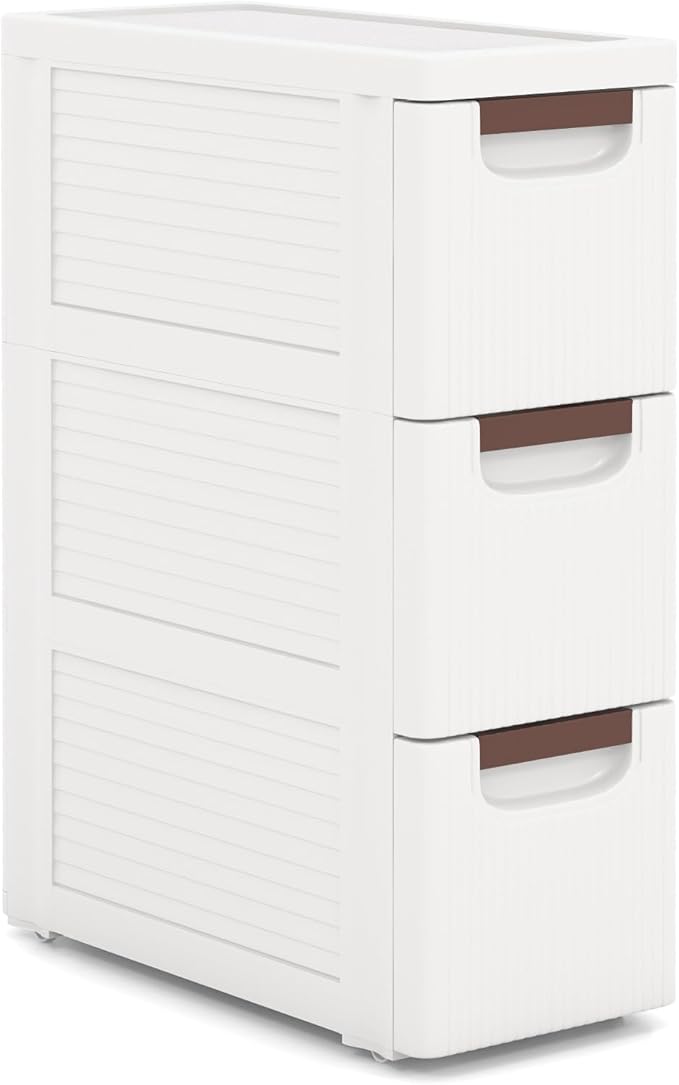 POWERSTONE 3-Drawer Plastic Rolling Storage Cabinet, Narrow Organizer Cart with 4 Wheels, Space-Saving Slim Mobile Utility Cart for Bedroom, Bathroom, Office & Classroom