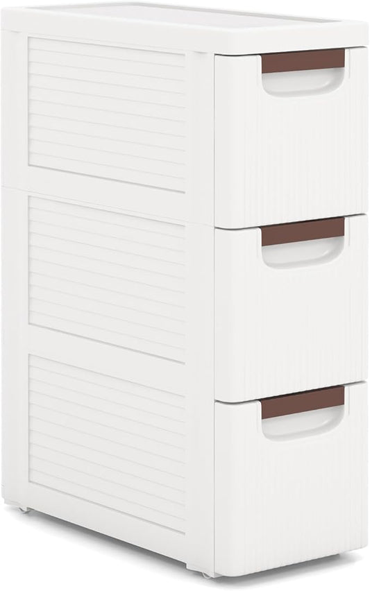POWERSTONE 3-Drawer Plastic Rolling Storage Cabinet, Narrow Organizer Cart with 4 Wheels, Space-Saving Slim Mobile Utility Cart for Bedroom, Bathroom, Office & Classroom