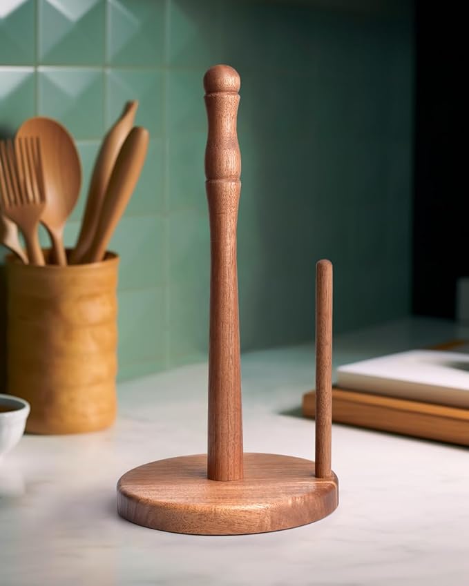 Acacia Wood Paper Towel Holder Countertop, Weighted Base Paper Towel Roll Holder for Kitchen Bathroom, One-Handed Operation, Standing Towel Roll Organizer for Standard and Large Rolls
