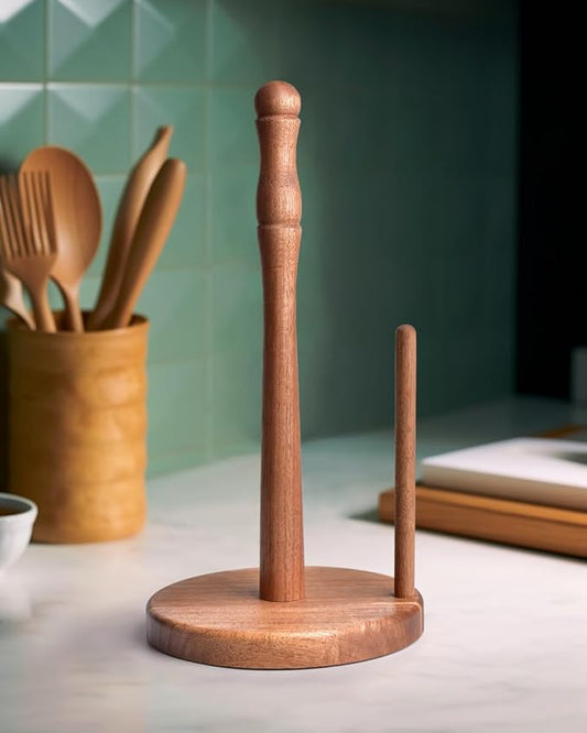 Acacia Wood Paper Towel Holder Countertop, Weighted Base Paper Towel Roll Holder for Kitchen Bathroom, One-Handed Operation, Standing Towel Roll Organizer for Standard and Large Rolls
