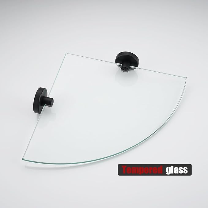 JQK Corner Glass Shelf Black, Bathroom 304 Stainless Steel Shower Triangle Floating Wall Shelf, 10 x 10 Tempered Glass, 3 Pack, TGS190L10-PB-P3