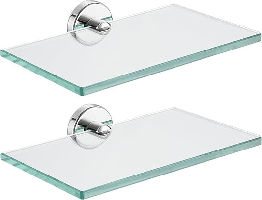 JQK Bathroom Glass Shelf Chrome, Tempered Glass Shower Storage 8 by 5 inches, 304 Stainless Steel Polished Chrome Wall Mount 2 Pack, TGS101L8-CH-P2