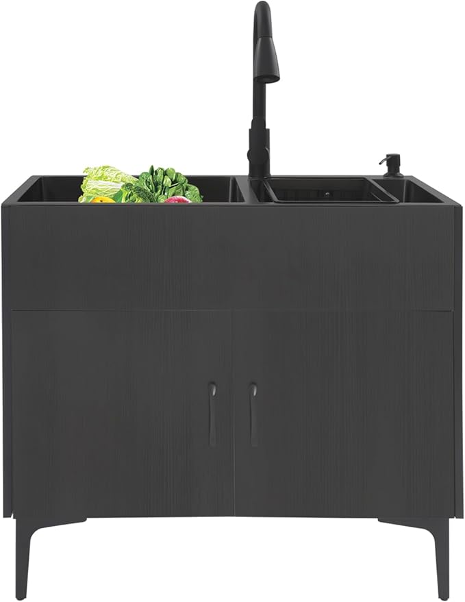 Laundry Sink with Cabinet, Utility Room Stainless Steel Sink with Pull-Out Faucet Dual Bowls, Freestanding Laundry Utility Tub for Kitchen Bathroom 31.89x16.93x30.71in (Black)