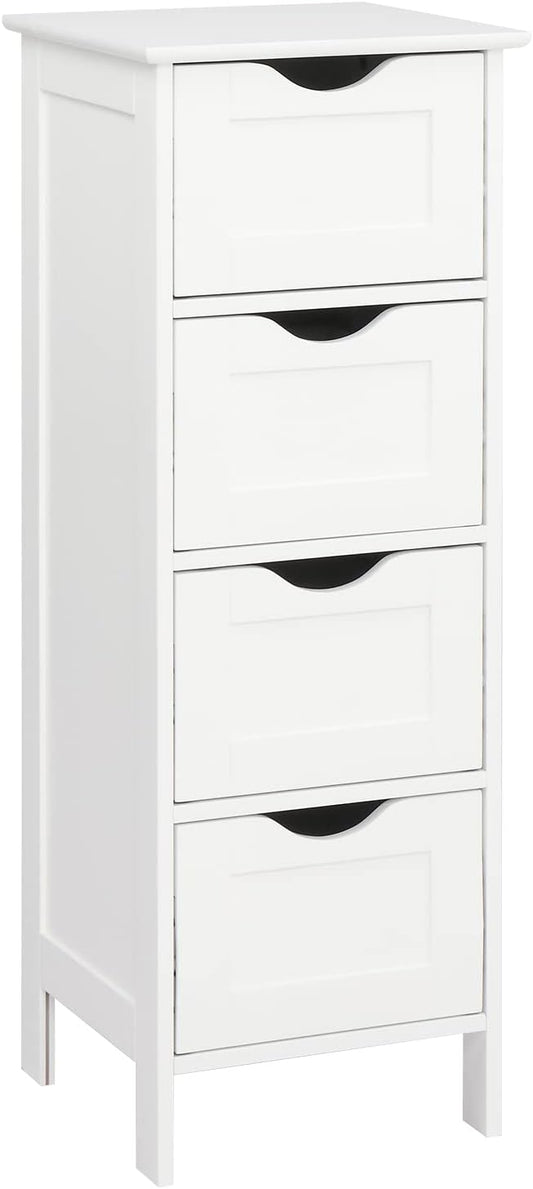 VINGLI White Bathroom Storage Cabinet with 4 Drawers Wooden Freestanding Slim Bathroom Floor Cabinet Small Side Organizer Storage Unit for Restroom Livng Room Kitchen Office Hallway Entryway