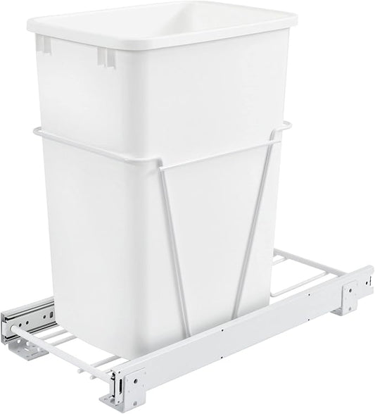 Rev-A-Shelf Steel Pullout Waste Container with Single Trash Can, 35 Quart, White - Sliding Garbage Bin System for Kitchen or Bathroom Base Cabinets, RV-12PB