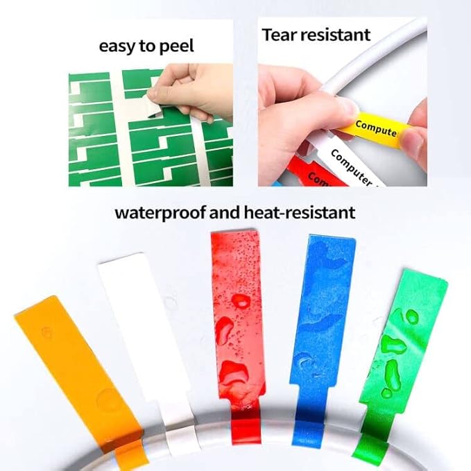 270 PCS Tear Resistant Cable Labels, 9 Colors Waterproof Cable Tags Wire Labels for Management, Cord Label Can Write On, Self Adhesive Wire Label Printable for Laser Printer and Handwriting