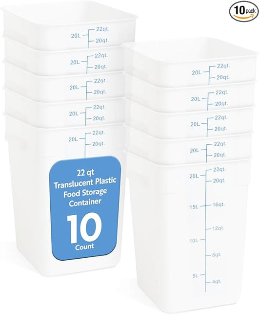 Restaurantware Food Storage Container 10 Pack of 22 qt Plastic Kitchen Storage Bin with Volume Markers Space-Efficient Design Dishwasher-Safe Polypropylene Translucent