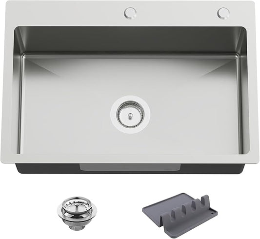 27x18 Inch Kitchen And Bar Sink-Stainless Steel Drop In Kitchen Sink Modern Single Bowl Topmount Bar Sink Come With Silicon Mat,Drain Strainer Set Compatibility With Various Kitchen&Bar Style