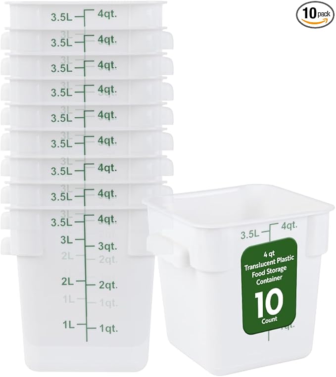 Restaurantware Food Storage Container 10 Pack of 4 qt Plastic Kitchen Storage Bin with Volume Markers Space-Efficient Design Dishwasher-Safe Polypropylene Translucent