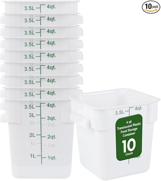 Restaurantware Food Storage Container 10 Pack of 4 qt Plastic Kitchen Storage Bin with Volume Markers Space-Efficient Design Dishwasher-Safe Polypropylene Translucent