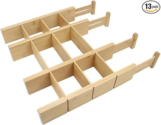4 Pack Bamboo Drawer Dividers with Inserts and Labels – Adjustable Kitchen Drawer Organizers, Expandable Storage Solutions for Home, Office, Dressers (17-22 Inches)