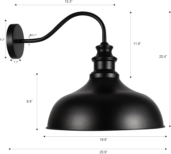 Barn Light Outdoor, 20 Inch Dome Exterior Light Fixture Outside for House, Farmhouse Outdoor Wall Mount Light in Black Finish for Porch, Entryway, Garage, Streetway, RZ015 BK-2PACK
