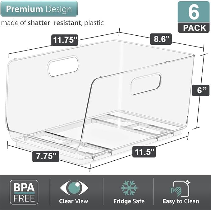 Clear Stackable Pantry Bins – Open Front Organizer for Kitchen & Fridge (Medium 6 Pack)