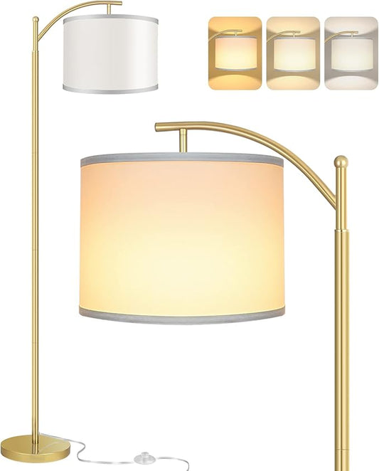 Floor Lamp for Living Room with 3 Color Temperatures LED Bulb, Standing Lamp Tall Industrial Floor Lamp Reading for Bedroom, Office (9W LED Bulb, White Lampshade Included) -Gold