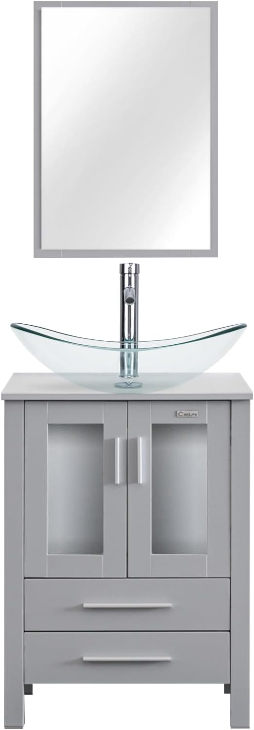 eclife 24" Modern Bathroom Vanity Sink Combo Freestanding Cabinet with Soft Closing Door, Clear Boat Glass Vessel Sink, Water Save Faucet, Drain (Gray+A29TT)