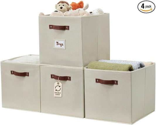 DECOMOMO Storage Baskets, 13x15x13 Storage Cube Bins with Labels for Organizing Shelves Kallax (Kallax / 4pcs, Beige)