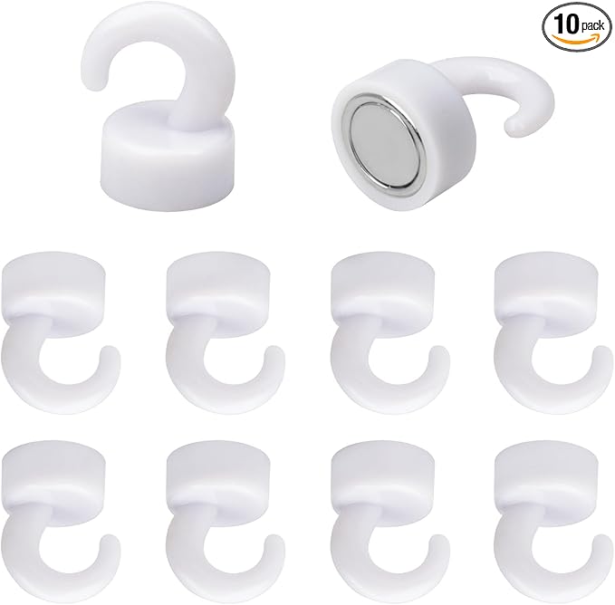 Small Magnetic Hooks for Refrigerator, Mini Magnetic Hooks for Cruise Cabins, Magnet Hook for Kitchen, Classroom, and Office - Pack of 10 (White)