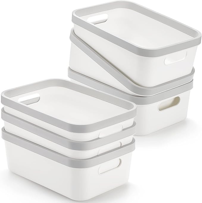 Elsjoy Set of 6 Plastic Storage Bin, 10"x 7"x 4" Classroom Storage Basket Cabinet Storage Bin with Handle, White Shelf Organizer Bins for Bathroom, Office, School
