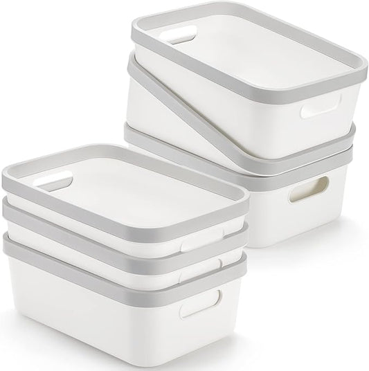 Elsjoy Set of 6 Plastic Storage Bin, 10"x 7"x 4" Classroom Storage Basket Cabinet Storage Bin with Handle, White Shelf Organizer Bins for Bathroom, Office, School