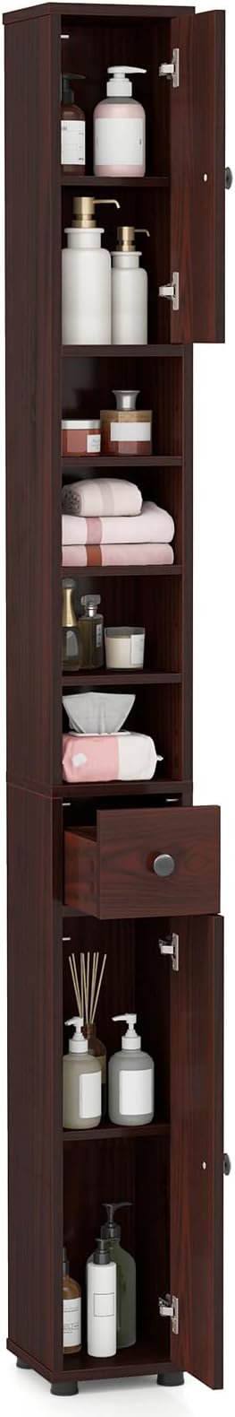 LDAILY 71”Tall Narrow Storage Cabinet, Skinny Bathroom Storage with 1 Drawer, 2 Doors, 5 Adjustable Shelves and Anti-Tipping Device, Wooden Slim Bathroom Cabinet for Office, Kitchen, Small Space