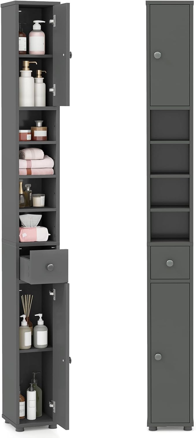 LDAILY 71”Tall Narrow Storage Cabinet, Skinny Bathroom Storage with 1 Drawer, 2 Doors, 5 Adjustable Shelves and Anti-Tipping Device, Wooden Slim Bathroom Cabinet for Office, Kitchen, Small Space