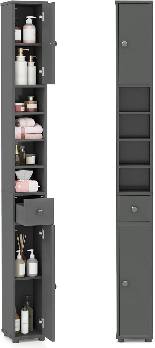 LDAILY 71”Tall Narrow Storage Cabinet, Skinny Bathroom Storage with 1 Drawer, 2 Doors, 5 Adjustable Shelves and Anti-Tipping Device, Wooden Slim Bathroom Cabinet for Office, Kitchen, Small Space