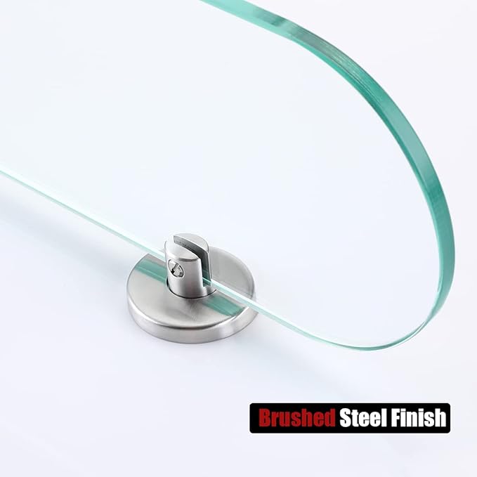 JQK Bathroom Glass Shelf Brushed Steel, Tempered Glass Shower Storage 16 by 5 inches, 304 Stainless Steel Brushed Wall Mount 2 Pack, TGS121L16-BN-P2