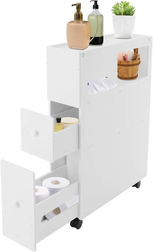 Slim Mobile Bathroom Cabinet with Wheels & Brakes, Slim Storage Organizer with Slide-Out Drawers, Large Capacity Narrow Cabinet for Toilet, Bathroom, Laundry Room