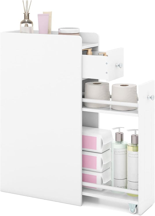 Tangkula Slim Bathroom Storage Cabinet, 4-Tier Narrow Small Side Storage Cabinet Next to Toilet, Slide Out Drawers on Casters, Bathroom Floor Organizer Toilet Paper Holder for Small Spaces (White)