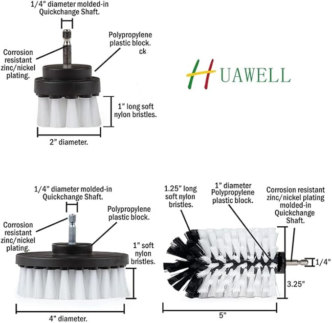 HUAWELL 8 Piece Soft White Drill Brush with Extend Attachment Set-Car Interior Detailing Kit, All Purpose for Car, Boat, Seat, Carpet, Upholstery, Bathroom, Grout, Floor and Tile (White)