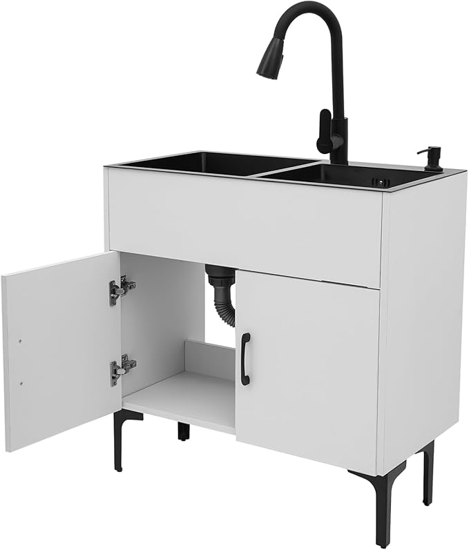 30-Inch Laundry Sink with Cabinet and Pull-Out Sprayer Faucet, Freestanding Kitchen Sink Cabinet with Stainless Steel Sink & Draining Basket, Wash Station Tub for Laundry & Utility Room, Bathroom